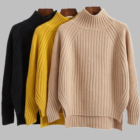 Solid Mock Neck Loose Pullover Sweaters Knit Split Stripe Jumpers